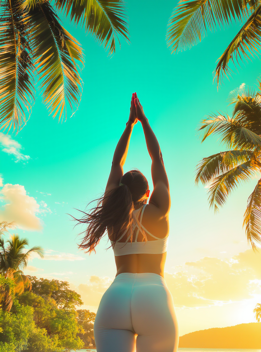 Mujer dominicana practicando yoga al amanecer con energía y vitalidad natural - suplementos para energía tropical