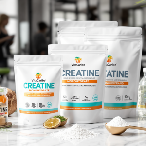 La línea completa de Creatina Monohidratada de VitaCaribe en un ambiente de gimnasio, con un coco, lima y una cuchara dorada con el polvo puro, simbolizando la fusión de rendimiento y pureza para atletas en la República Dominicana.
