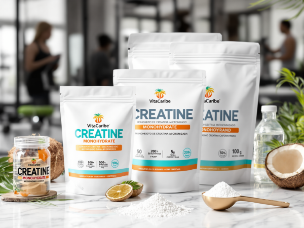 La línea completa de Creatina Monohidratada de VitaCaribe en un ambiente de gimnasio, con un coco, lima y una cuchara dorada con el polvo puro, simbolizando la fusión de rendimiento y pureza para atletas en la República Dominicana.