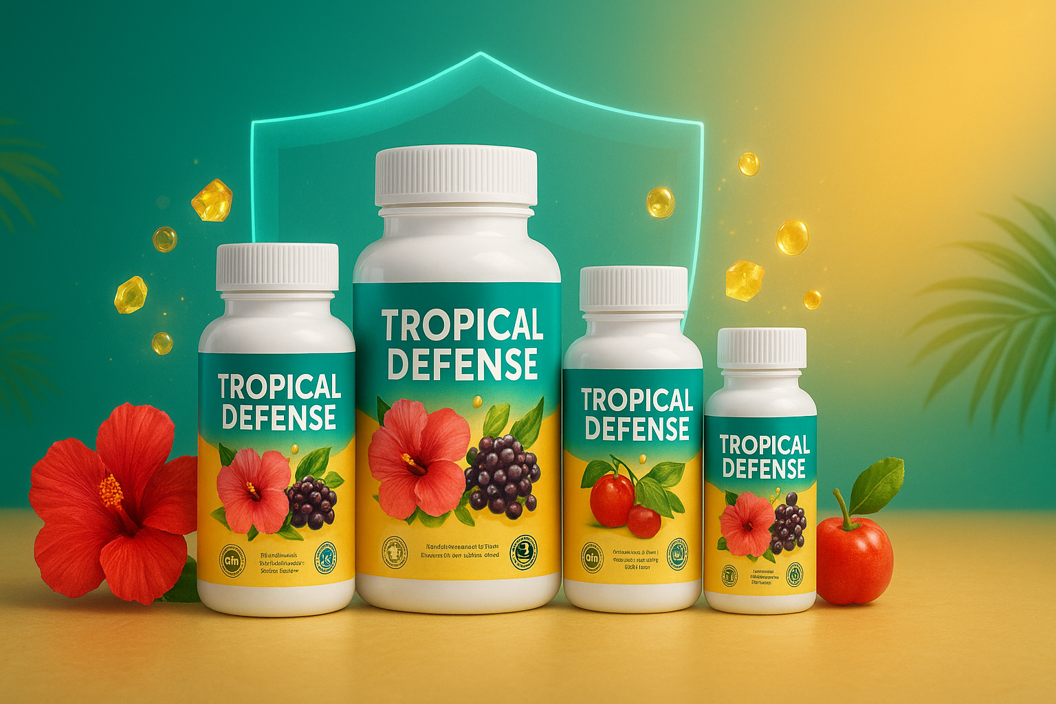 Gama de productos Defensas Tropicales de VitaCaribe. Cuatro frascos de suplementos con Vitamina C y Zinc para fortalecer el sistema inmune, listos para comprar en República Dominicana.