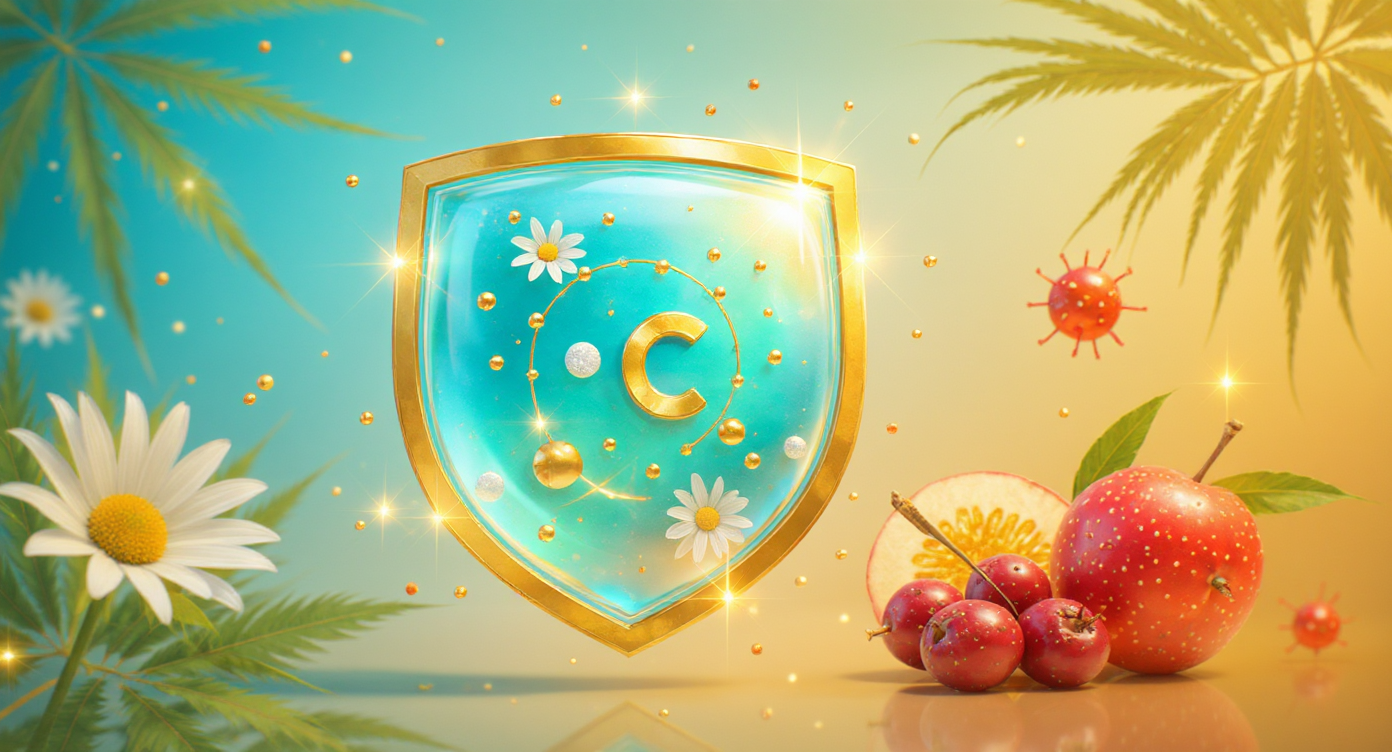 Escudo protector con Vitamina C de VitaCaribe, simbolizando defensas naturales para fortalecer el sistema inmune en el clima tropical de República Dominicana.