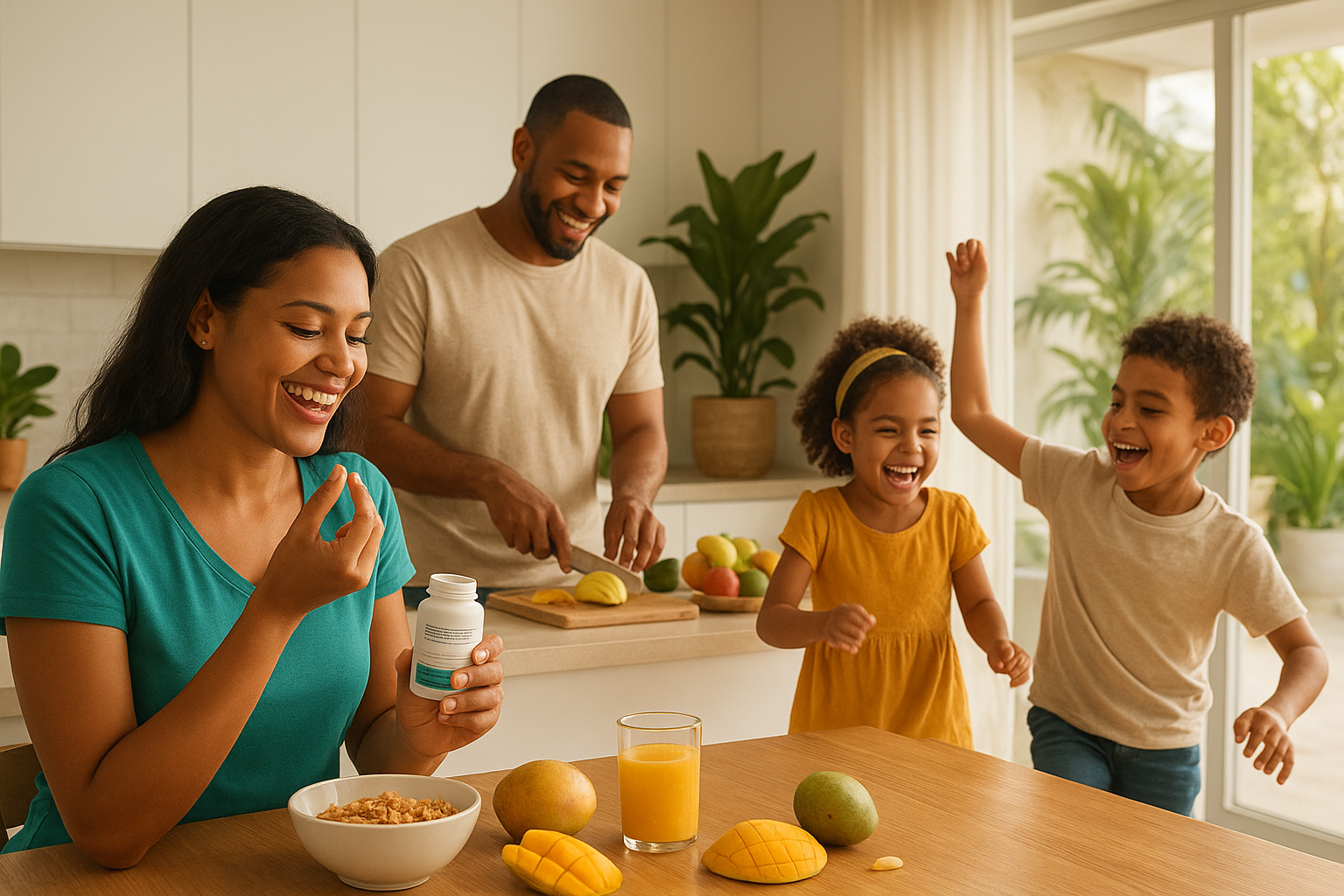 Sobre Nosotros 2 Una feliz familia dominicana en su cocina, disfrutando de un desayuno saludable con suplementos VitaCaribe, representando la misión de la marca de llevar bienestar a cada hogar en RD.
