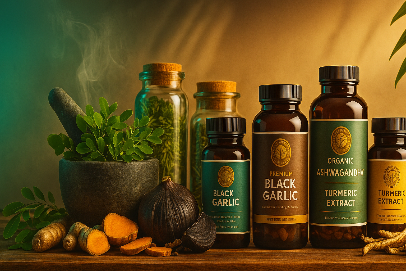 Bodegón de remedios naturales premium de VitaCaribe. Botellas de cúrcuma, ajo negro y ashwagandha junto a un mortero, representando la sabiduría herbal certificada disponible para comprar en RD.
