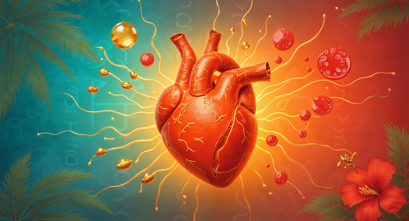 Imagen hero de Salud del Corazón de VitaCaribe: corazón anatómico vital con moléculas de omega 3 flotando, representando la salud cardiovascular premium en el clima tropical de RD.