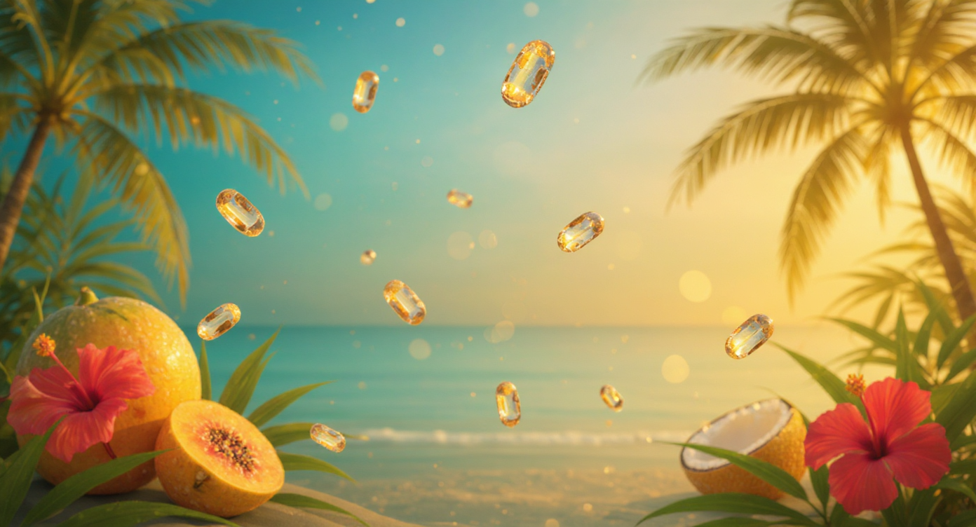 Hero-Bild de VitaCaribe Salud Natural: Cápsulas de suplementos premium y frutas tropicales en una playa de República Dominicana, simbolizando bienestar integral y vitaminas naturales.