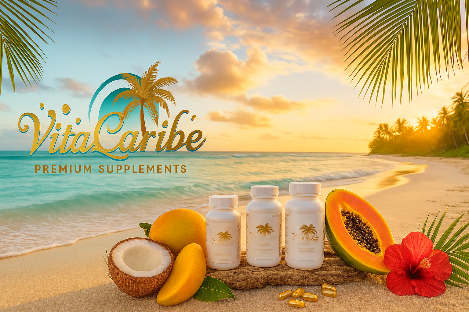 Imagen principal de la página Sobre Nosotros de VitaCaribe: productos y suplementos premium en una playa de República Dominicana, representando la historia y misión de la marca.
