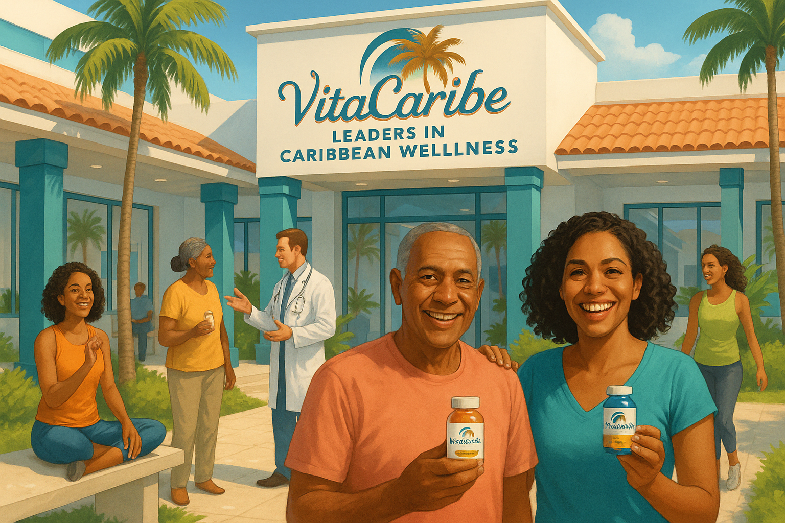 Ilustración de la visión de VitaCaribe: una comunidad dominicana saludable de todas las edades frente a un centro de bienestar VitaCaribe, simbolizando el futuro de la salud premium en la RD.