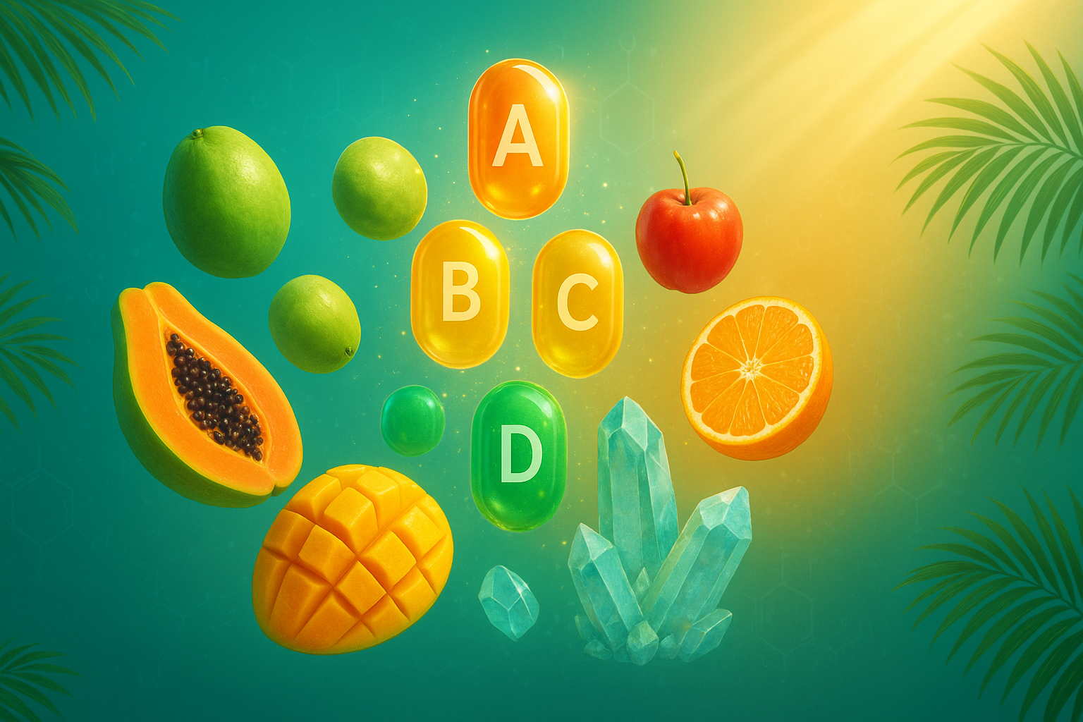 Hero-Bild de Vitaminas Esenciales de VitaCaribe: Cápsulas de vitaminas A, B, C, y D flotando con frutas tropicales como papaya y mango, simbolizando nutrición completa para República Dominicana.